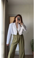 Kısa Crop Keten Astarlı Ceket Beyaz