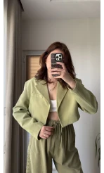 Kısa Crop Keten Astarlı Ceket Haki