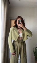 Kısa Crop Keten Astarlı Ceket Haki