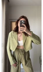 Kısa Crop Keten Astarlı Ceket Haki