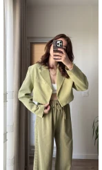 Kısa Crop Keten Astarlı Ceket Haki