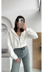 Kısa Fermuarlı Kapüşonlu Hırka - Beyaz