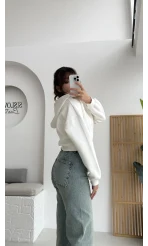 Kısa Fermuarlı Kapüşonlu Hırka - Beyaz