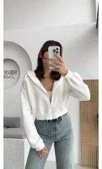 Kısa Fermuarlı Kapüşonlu Hırka - Beyaz