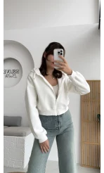 Kısa Fermuarlı Kapüşonlu Hırka - Beyaz