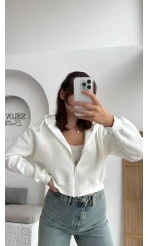 Kısa Fermuarlı Kapüşonlu Hırka - Beyaz