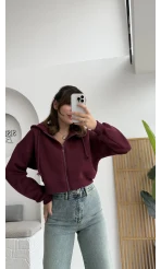 Kısa Fermuarlı Kapüşonlu Hırka - Bordo