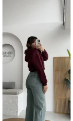 Kısa Fermuarlı Kapüşonlu Hırka - Bordo