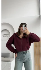 Kısa Fermuarlı Kapüşonlu Hırka - Bordo