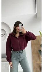 Kısa Fermuarlı Kapüşonlu Hırka - Bordo