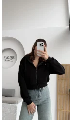 Kısa Fermuarlı Kapüşonlu Hırka - Siyah