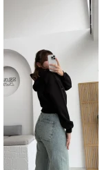 Kısa Fermuarlı Kapüşonlu Hırka - Siyah