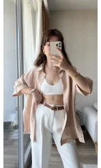 Kısa Kollu Çizgili Krem Gömlek