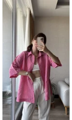 Kısa Kollu Çizgili Pembe Gömlek