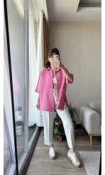 Kısa Kollu Çizgili Pembe Gömlek