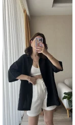 Kısa Kollu Çizgili Siyah Gömlek