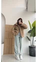 Kısa Nebraska Ceket Fermuarlı Camel