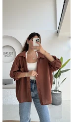 Kızıl Kahve Oversize Tensel Gömlek - Kod: 4612