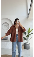 Kızıl Kahve Oversize Tensel Gömlek - Kod: 4612