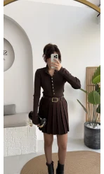 Klea Mini Piliseli Kemerli Etek - Acı Kahve