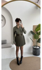 Klea Mini Piliseli Kemerli Etek - Haki