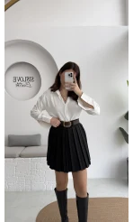 Klea Mini Piliseli Kemerli Etek - Siyah