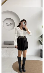 Klea Mini Piliseli Kemerli Etek - Siyah