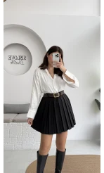 Klea Mini Piliseli Kemerli Etek - Siyah