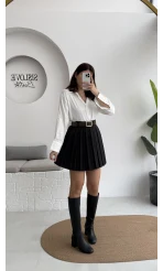 Klea Mini Piliseli Kemerli Etek - Siyah