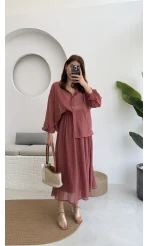 Kloş Etek ve Gömlek Takım Gül Kurusu