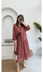 Kloş Etek ve Gömlek Takım Gül Kurusu