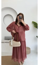 Kloş Etek ve Gömlek Takım Gül Kurusu