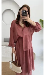 Kloş Etek ve Gömlek Takım Gül Kurusu