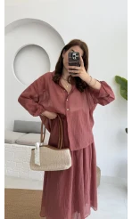 Kloş Etek ve Gömlek Takım Gül Kurusu