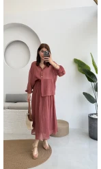 Kloş Etek ve Gömlek Takım Gül Kurusu