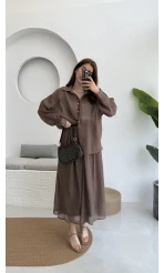 Kloş Etek ve Gömlek Takım Kahve