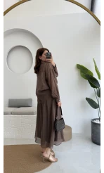 Kloş Etek ve Gömlek Takım Kahve