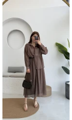 Kloş Etek ve Gömlek Takım Kahve