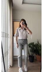 Kolları Bağlama Detay Gömlek Gri