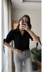 Kolları Bağlama Detay Gömlek Siyah