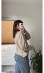 Kolları Kalp Detay Mücevher Model Kazak Krem