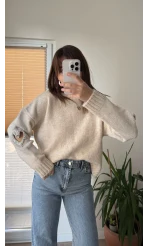 Kolları Kalp Detay Mücevher Model Kazak Krem