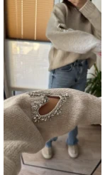 Kolları Kalp Detay Mücevher Model Kazak Krem