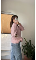 Kolları Kalp Detay Mücevher Model Kazak Pembe