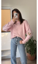 Kolları Kalp Detay Mücevher Model Kazak Pembe