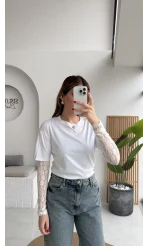 Kolu Danteli T-shirt - Beyaz