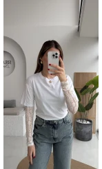 Kolu Danteli T-shirt - Beyaz