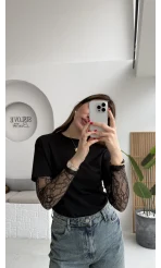 Kolu Danteli T-shirt - Siyah