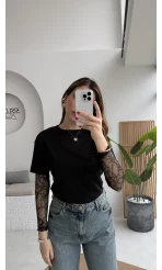 Kolu Danteli T-shirt - Siyah