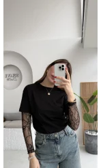 Kolu Danteli T-shirt - Siyah